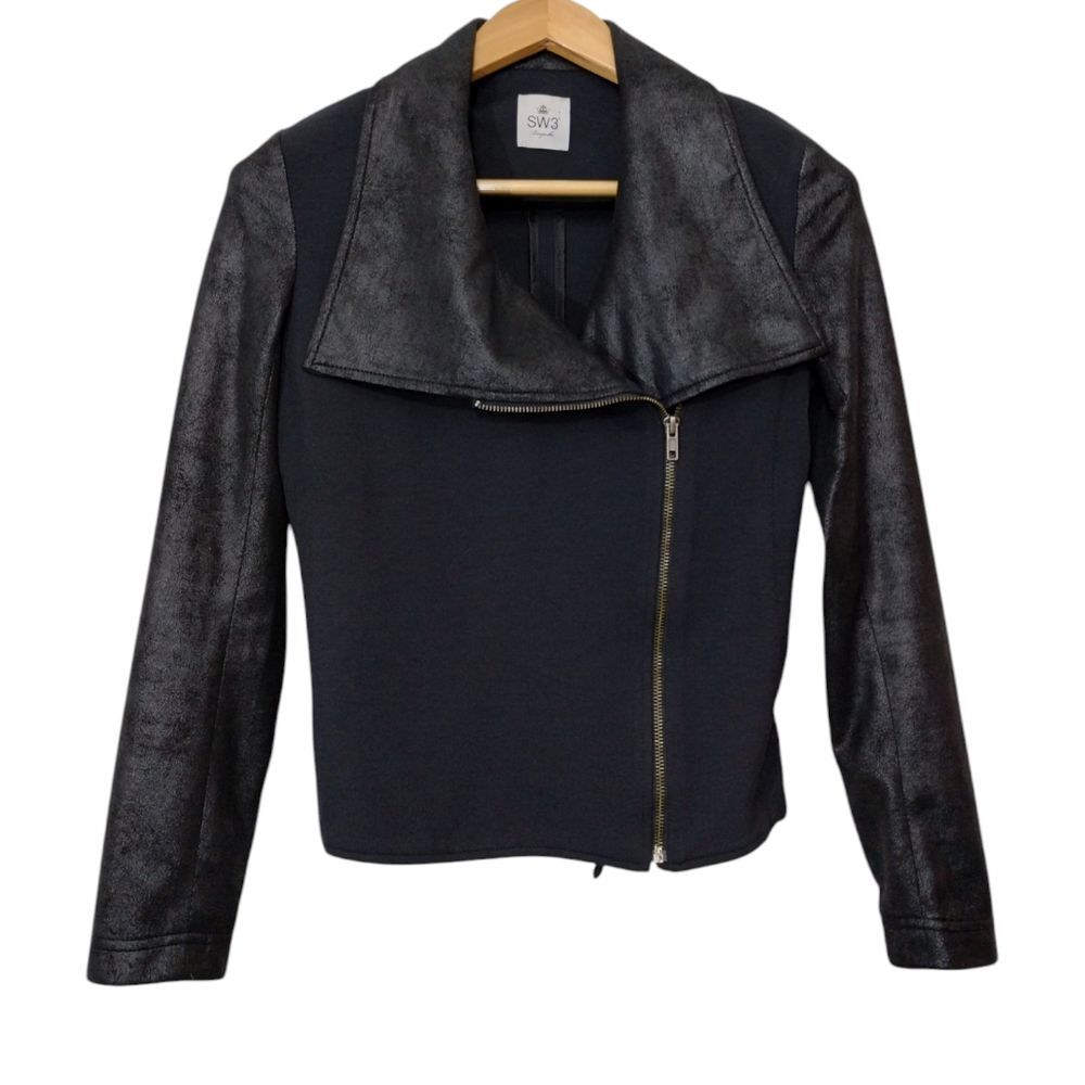 SW3 Bespoke Women's Zip-Front‎ Stretch Long Sleeve Moto Jacket Size P Black